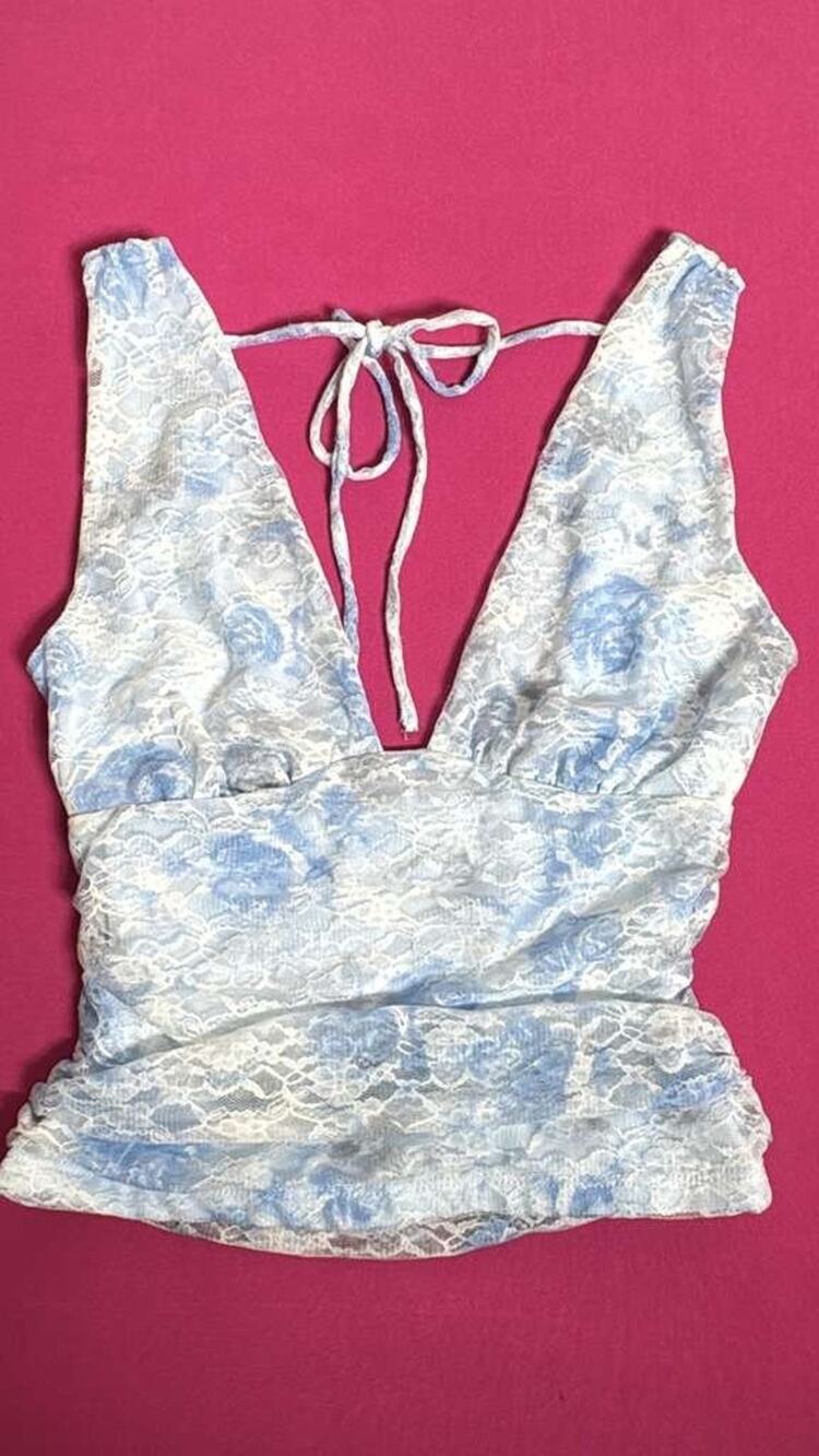 Wild Fable Lace Floral Tank Top – Blue White Tie‑Back Satin Ruched Size XS